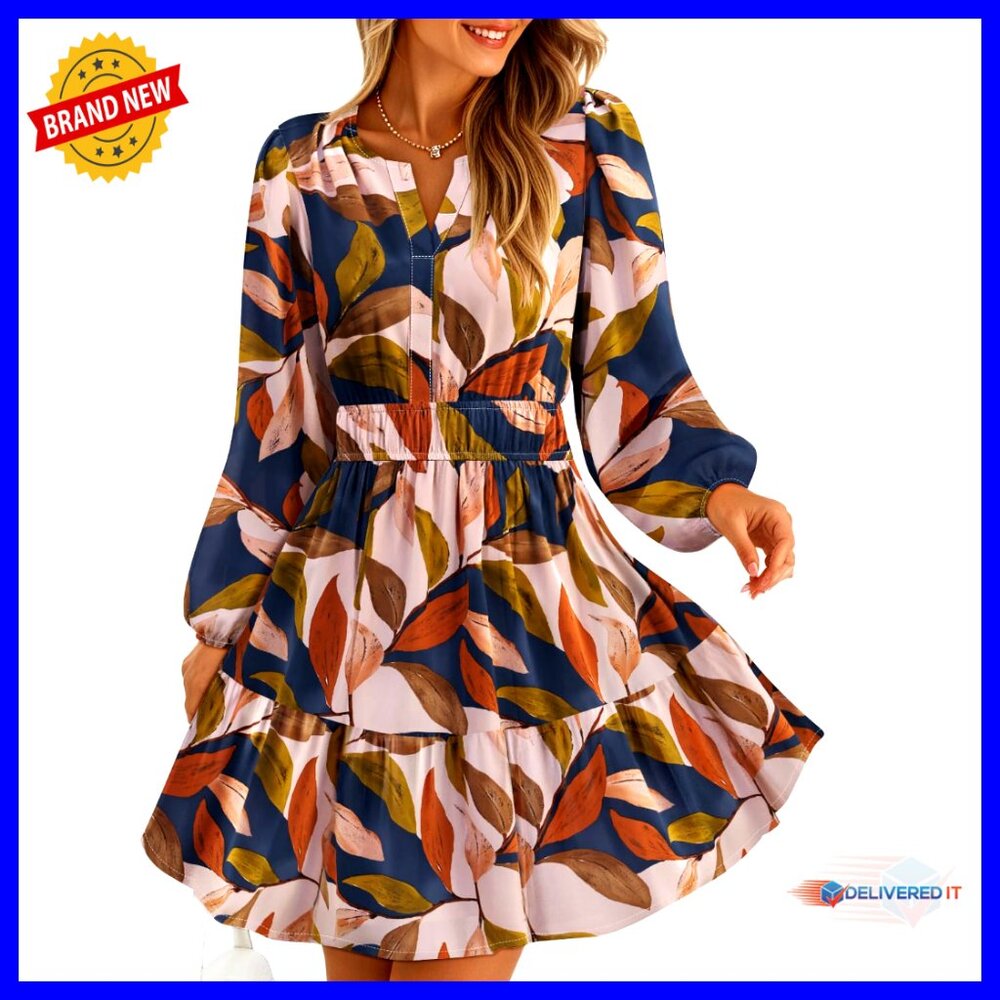 Floral Mini Dress Long Sleeve Boho A-Line Flowy Summer Beach Vacation Wear